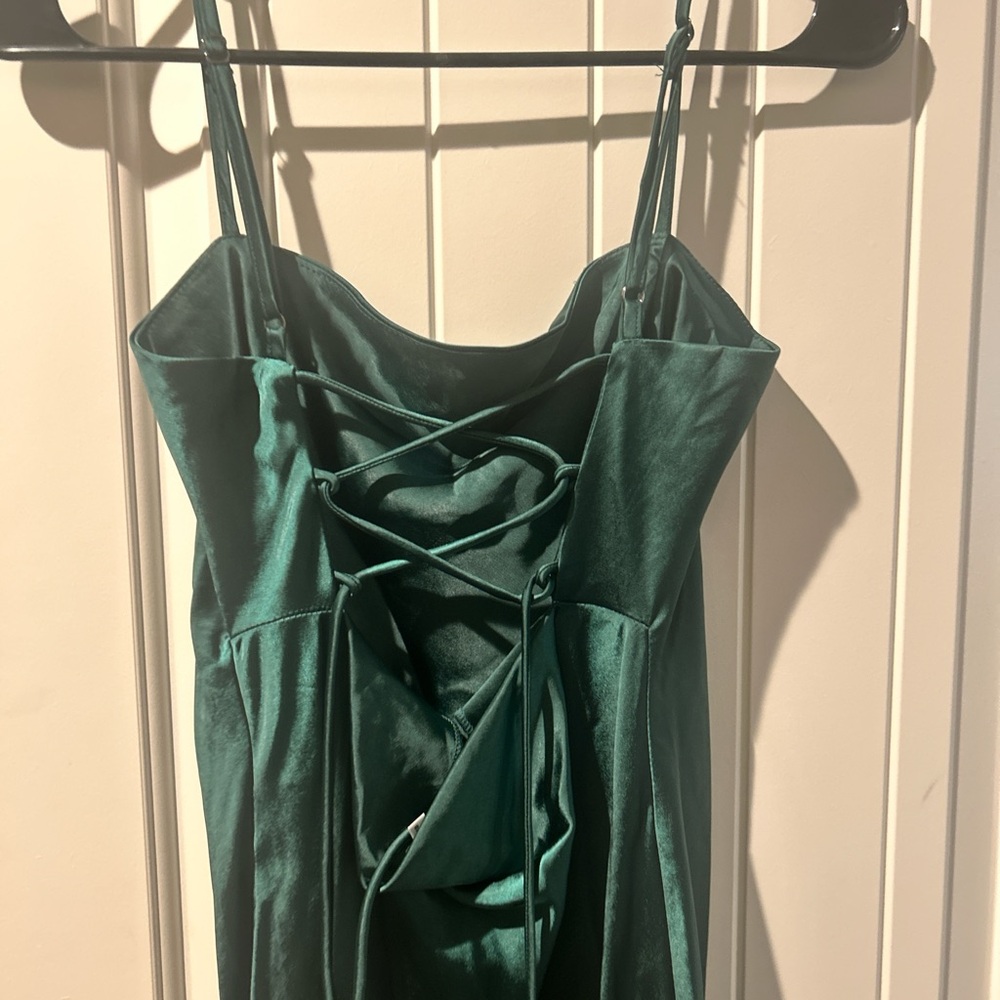 Emerald Green Satin Dress with Lace-Up Detail